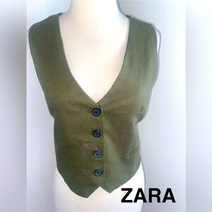 ZARA Olive Green Button-Front Linen Blend Vest - Size M - NEW